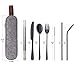 Reusable Utensils with Case - Lunch Utensil Case Black Portable Flatware Stainless Set with Case and Straw, Straight Straw, Knife, Fork, Spoon
