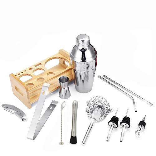 Complete Bartender Kit w/Cocktail Shaker & Bar Accessories - 13 Piece Mixology Bar Set - Includes Twisted Spoon, Muddler, Ice Tongs, Wine Opener, Other Bar Tools - Unlimited Drink Mixing Options