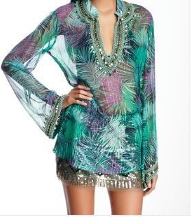 Monique Leshman Handmade Embellished One Of a Kind Woman Beach Cover Up Bohemian Bell Sleeve PALM Sheer Tunic-Medium **RUNS SMALL** Camilla DVF Mara Hoffman