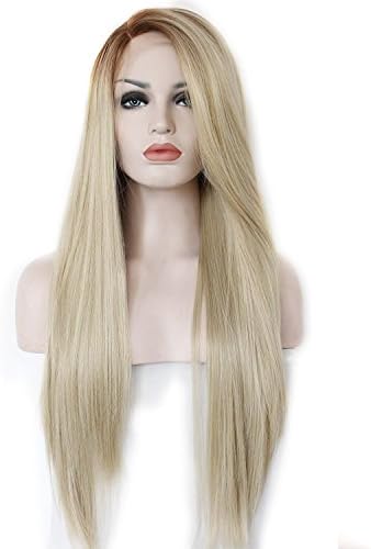 Max beauty Women's Blonde Ombre Side Part Synthetic Lace Front Wigs Straight Hair Brown Roots Heat Resistant Half Hand Tied 22 inches+Free Cap