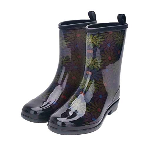 LisYOU Womens Rain Boot Waterproof Rubber Non-slip Outdoor Punk Style Printed Mid Rain Boots Water Shoes (CN 37, Black)