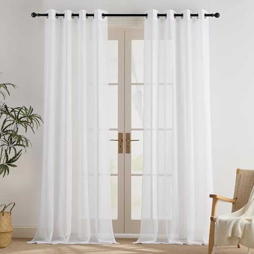 PONY DANCE White Curtains, Living Room, 245 cm High Curtain, Transparent Curtains, Linen Look Voile Curtain, White Curtains, Eyelet Curtain, Translucent, 245 x 140 cm, Set of 2