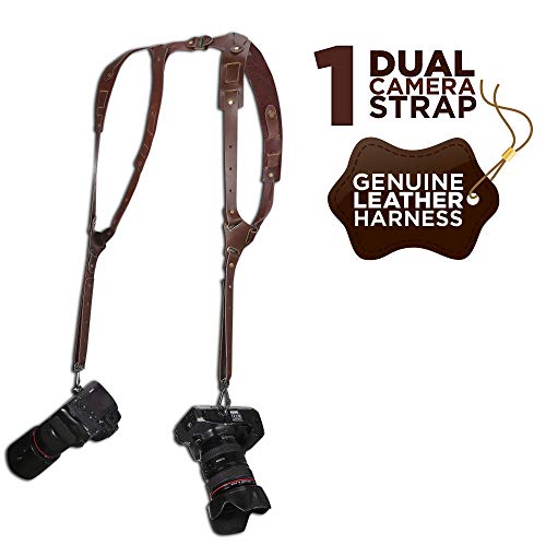 OOKU PRO Dual Camera Strap | Hand-Crafted Genuine Leather Camera Strap | Dual Shoulder Harness for SLR/DSLR Camera Sling & Camera Holster Accessories | Fully Adjustable Camera Harness Straps - Brown