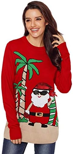 Women Ugly Christmas Beach Coconut Tree Santa Sweater Plus Size Warm Knitted Jumpers