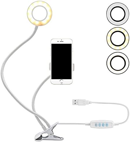 Upgraded Selfie Ring Light with Cell Phone Holder Stand for Live Stream and Makeup,Lazy Bracket with Flexible Long Arms Clip Mounts for iPhon, Android Phone,LED Desk Lamp,3-Light Mode (White Shell)