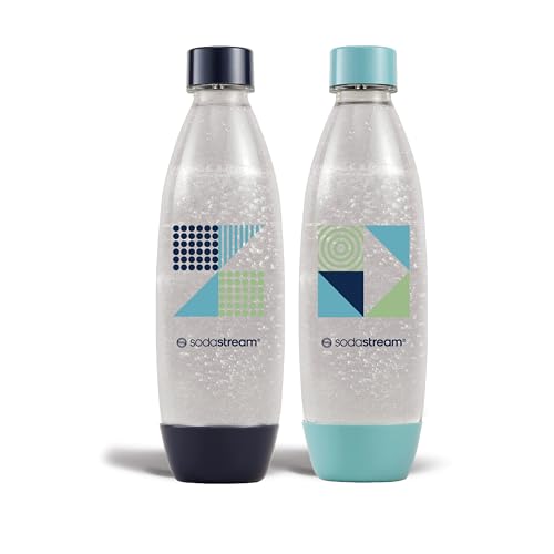 sodastream Set di 2 bottiglie da 1 l per acqua frizzante e soda | tecnologia snap & lock a clip | compatibile con lavastoviglie | senza BPA | Dettagli blu scuro e ciano