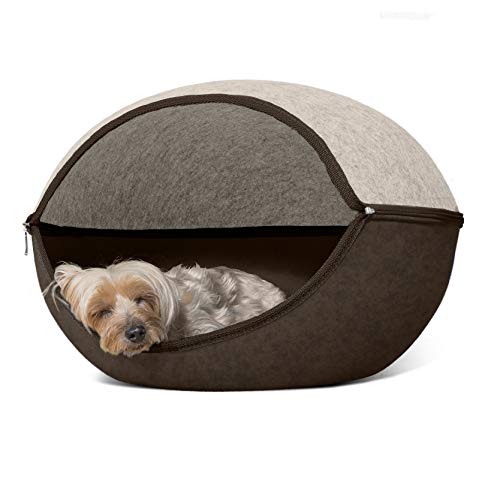 Furhaven Pet Cat Bed Furniture | Two-Color Round Felt Pet House Private Den Hideout Pet Bed for Cats & Small Dogs, Heather Brown/Cream, One Size