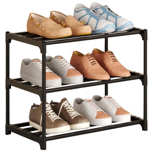 Photo 1 of COAPUKT Metal Stackable Small Shoe Rack Organizer, Narrow Shoe Racks for Closets Entryway, Shoe Stand, Shoe Shelf with Handle (3-Tier-Black)