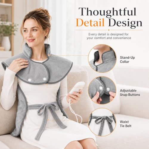CoreBazz Electric Heating Pad for Neck and Shoulder and Back with 6 Heating Settings & 4 Timer, Large Size Heated Wrap with Auto Shut Off & Machine Washable (Silver Gray, 37x24 inch(94 * 61 CM))