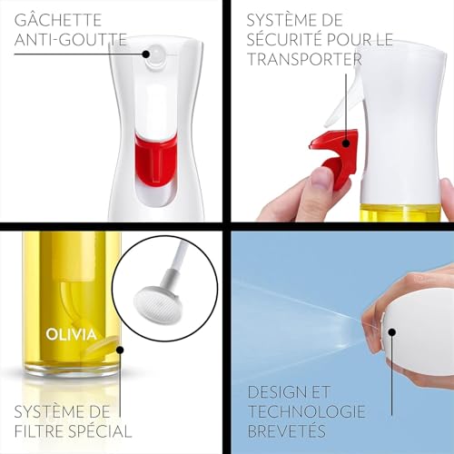 FLAIROSOL OLIVIA Glass Oil Spray Bottle 130ml - Continuous Spray Technology with Portion Control - Versatile for Kitchen, Salads, Barbecues, Vuisson, etc (Gold Logo)
