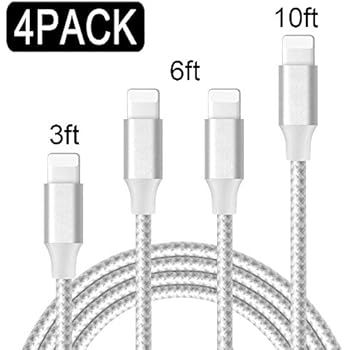 Aitaton MFi Certified iPhone Charger Lightning Cable 4 Pack[3/6/6/10FT]Extra Long Nylon Braided USB Charging&Syncing Cord Compatible iPhone 11 ProMax/11PRO/11/XS Max/XR/X/8/Plus/7/Plus/6/6Plus(Silver)