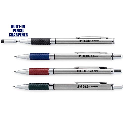 June Gold 4 Premium 2.0 mm 2B Mechanical Pencils, 36 2B Lead Refills, 36 Uniquely Colored Lead Refills, 2 Smudge Resistant Erasers, Built in Sharpeners & Soft Non-Slip Grip on Each Pencil