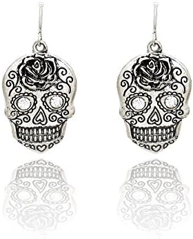 Antiqued Silver Sugar Skull Drop Earrings with Rose Detail and Crystal Eyes [Dia De Los Muertos]
