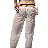 YiZYiF Men's Mesh Long Pants Bottoms Underwear Casual Wear Homewear Gym Trousers White Medium