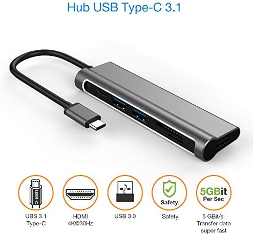 USB C Hub, Aluminum Type C Adapter, 6 in 1 Combo with 4K HDMI,2 USB 3.0,Type C Charging Port,SD and Micro SD/TF Card Reader for Notebook & Tablet PC & Phone& MacBook Pro (grey)