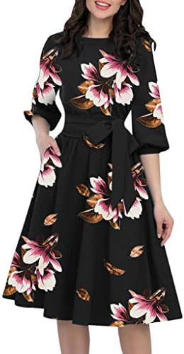 Memefood Chiffon Dress, Women Vintage 3/4 Sleeve Floral Midi Dresses Cocktail Party Casual Bowknot Swing Dresses with Pocket