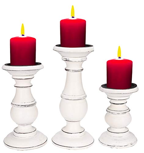 Hand Crafted Wooden Candle Holder Stand, Candalbras, Candle Holders, Unity Candle Holder, Rounded turned Colums, Country style Idle gift for Wedding, Party, Home, Spa - 10,8,6 Inch set of 3 - White