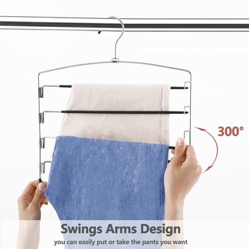 FeeraHozer Pants Hangers Non Slip 3 Pack Space Saving Hangers Multi-Layer Swing Arm Pants Hanger Stainless Steel Space Saver Hanger Closet Storage Organizer for Jeans Trouser Slacks Clothes (Black)