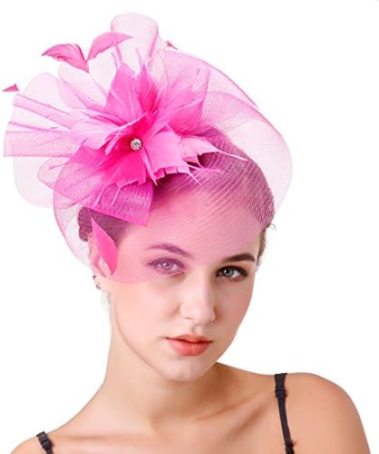 Feather Cocktail Tea Party Fascinator Headband Sinamay Derby Hat for Women (Rose)