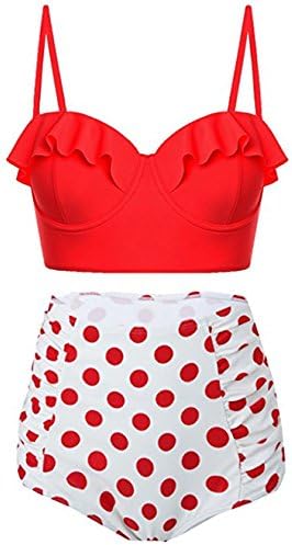High Waisted Falbala Swimsuit Womens Tankini Polka Dot Halter Push Up Bikini Set Bathing Suit ZUS04 Red XXL