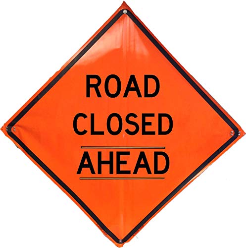 48" Non Reflective Fluorescent Vinyl Orange Roll-Up Warning Sign, 48" Width x 48" Length, 5/16"x1/4" Baton(Ribs), 4 Lexan Pockets Road Closed Ahead