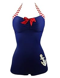 COCOSHIP Traje de baño de una sola pieza con anclajes de un solo color azul marino retro de los años 50 para dama (FBA)