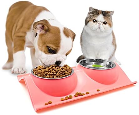 NEW Anti-overflow Cute Stainless Steel Dogs Cats Food Feeder Bowls Set (pink)