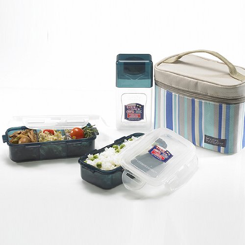 Lock & Lock Lunch Box 3P Set, Blue bag with fork TravelKit