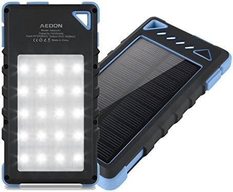 Aedon 10000mAh Solar Power Bank, Dual USB Output External Battery Pack Portable Solar Panel Charger Phone Charger with Carabiner 20 LED Lights for Outdoor &amp; Home Use (black + blue)