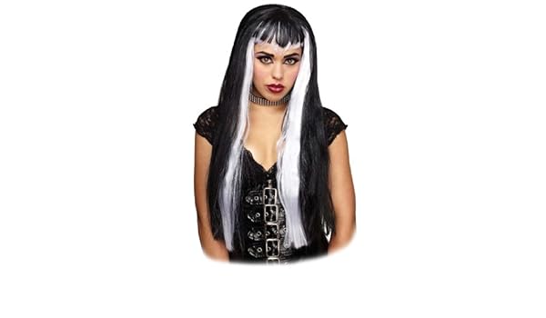 Amazon Com Summitfashions Long Black Wig White Streak Highlight