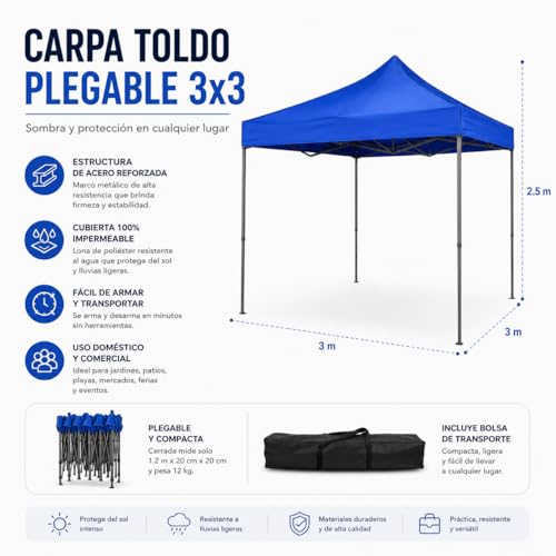 DITRON HOME AND LIVING Carpa Toldo Plegable 3x3 Impermeable Reforzada Estructura de Acero | Interior y Exterior | Incluye Bolsa de Transporte | Azul