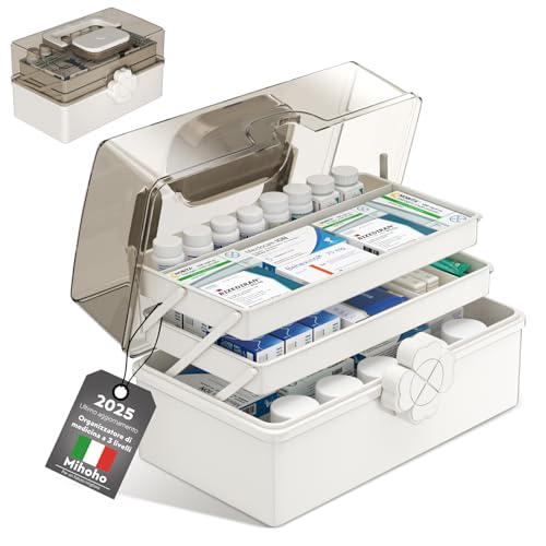 Mihoho Large 3 Layer Medicine Box, 3 Tier Medicine Organizer, Storage Box Organizer with Compartments, Emergency Kit Case for Family Emergency Kit (White K)