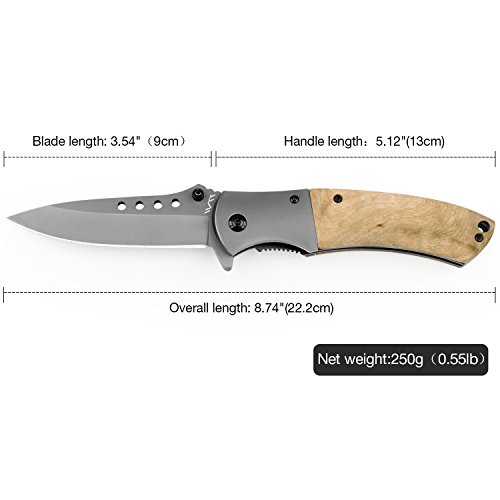 Naturous Folding Pocket Knife, Titanium Gray Outdoor Tactical Knife, Natural Wooden Handle with Nylon Sheath Survival Knife, Liner Lock Hunting Knife