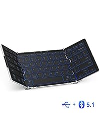 iClever - Teclado plegable inalámbrico con retroiluminación de 3 colores, teclado Bluetooth con triple plegado y base de aleación de aluminio para tabletas, Smartphones, computadoras portables, PC y más de iOS Windows Android