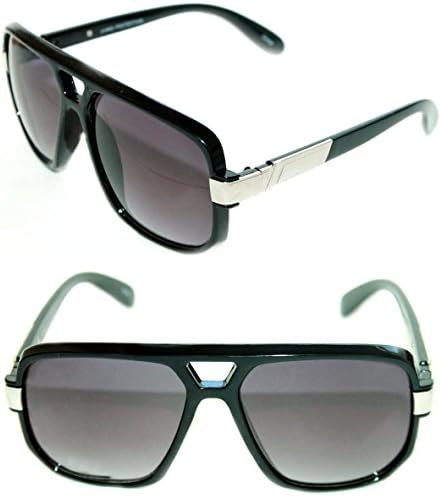 AVIATOR SUNGLASSES HIP HOP VINTAGE BLACK GOLD GRANDMASTER STYLE RETRO 627 (Black Silver, Black)