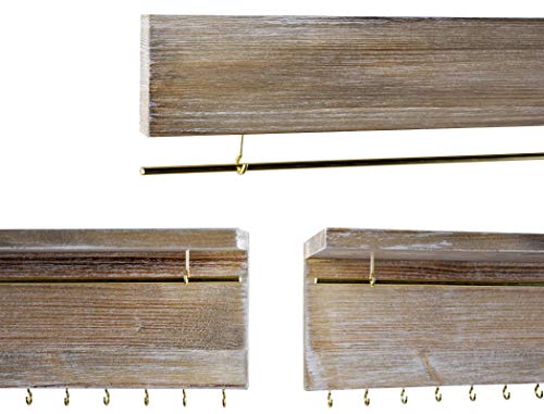 Spiretro Wall Mount Set of 2 Jewelry Organizer Holder Rack, Removable Golden Metal Bar Display Earrings Bracelets, Hooks Hang Necklaces Rings, Shelf Storage Accessories Ornaments, Rustic Torched Wood