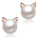 WRISTCHIE 925 Sterling Silver Cute Cat Kitty and Freshwater-cultured Pearl Stud Earrings (Cat)