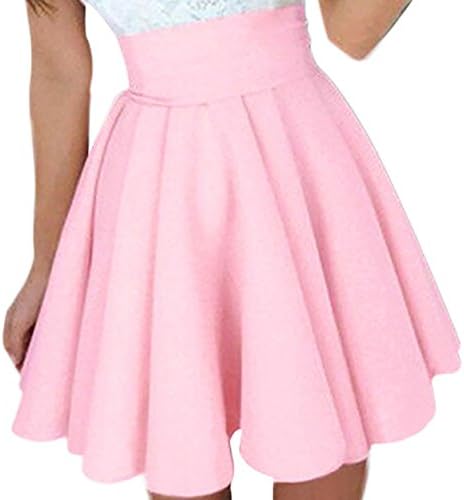 WITION Women's Elastic Waist A Line Flared Skater Pleated Midi Skirt (L, Pink)