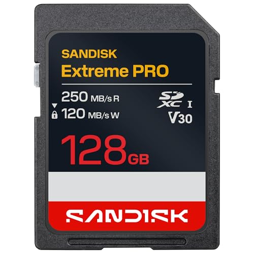 SANDISK Extreme PRO SD UHS-I-Karte 128 GB (bis zu 250 MB/s Lesegeschwindigkeit und 120 MB/s Schreibgeschwindigkeit, 4K-UHD-Video, U3, V30) Sandisk App
