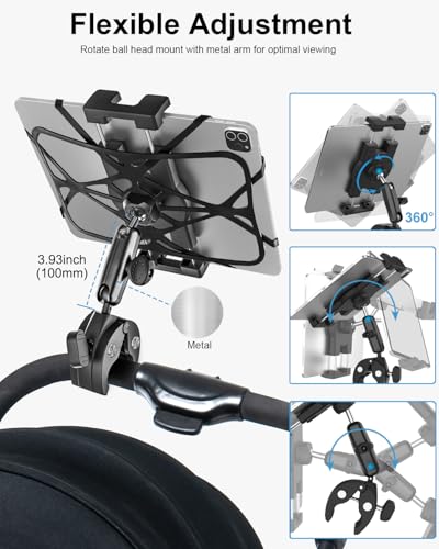 Metal iPad Tablet Mount for Boat Helm, Wheelchair Pole, Golf Cart, Stroller, Mic Stand, Fitness bike, Road Mountain Bicycle - 360° Adjustable Handlebar Clamp for 4.7-13" iPad Pro, Air, Mini, Galaxy