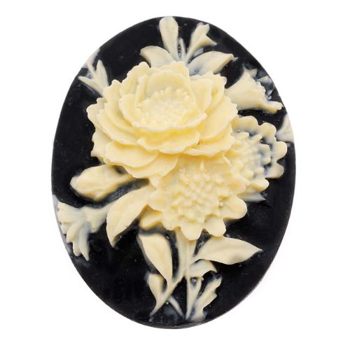 Vintage Style Lucite Oval Cameo Black With Ivory Flowers 40x30mm (1)