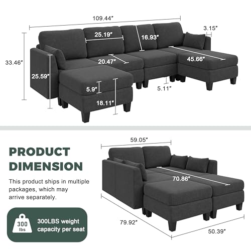Modular Sectional Sofa, 6 Seaters Modular Sleeper Sofa Couch, Comfy Sectionals Couches Bed, Convertible Sofas with Ottomans, Sectional Couches for Living Room (Darkgray, U1)