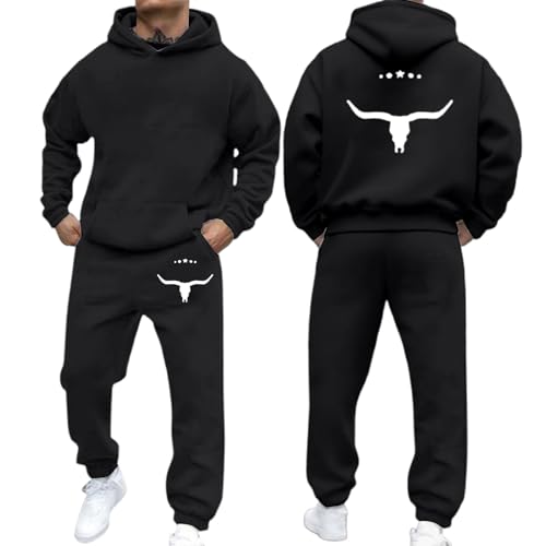 Tracksuit Mens Full Set 2 Piece Graphic Ox Print Hoodie And Sweatpant Fleece Thickened Sports Sweatsuits With Pocket Long Sleeve Tracksuit Sets Daily Wear Activewear Mens Set