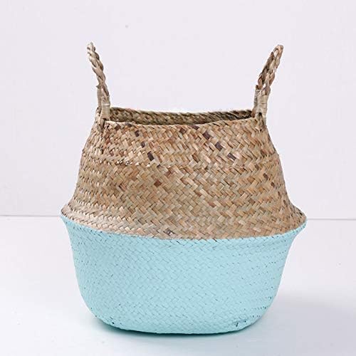 ZFRANC Seagrass Basket Natural Round Seagrass Belly Basket with Handles with Handles,2 Pcs Eco-Friendly Seagrass Baskets Storage Organizer for Living Room,Toy,Towel,Laundry,Home Decor(Natural+Blue)