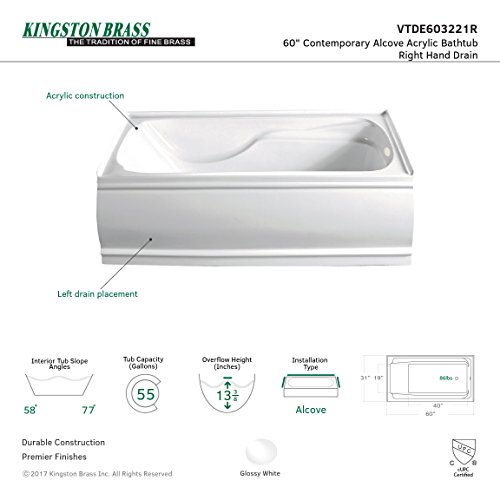 image for KINGSTON BRASS VTDE603221R 60-Inch Contemporary Alcove Acrylic Bathtub