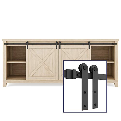 SMARTSTANDARD 6.6FT Super Mini Sliding Barn Door Hardware Track Kit -Smoothly and Quietly -For Double Opening Cabinet, TV Stand, Closet, Window -Fit 20"-26" Wide Door Panel-I Shape Hanger (NO Cabinet)