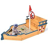 Costzon Pirate Boat Wood Sandbox for Kids, Wooden