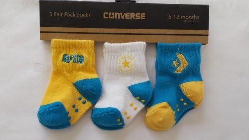 Converse 3 Pairs Infant Toddler No Slip Socks 6-12 Months, White/Yellow/Turquoise