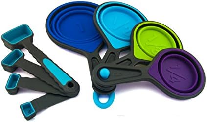 Portable Silicone Nested Measuring Cups Set, Attachable Measuring Cups And Stackable Spoons, Heat Resistant &amp; BPA Free Silicone tools, 4 pc Expandable Collapsible Cups And 4 piece Swivel Spoons