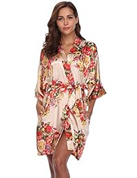 MASELEY Women's Floral Satin Kimono Short Style Bridesmaids Robes with Pockets for Wedding Party